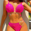 rose red lace deep-V bra + erotic gold chain thongs backless