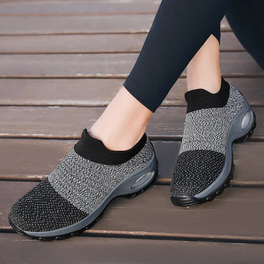 Women's Casual Sports Socks Sneakers Fashionable Thick Sole Air Cushion, Elevated Sloping Heel Rocking Shoes