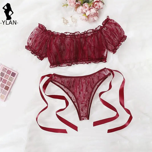 Floral Off-Shoulder Bralette and Ruffle Underwear Set - Sensual Lingerie
