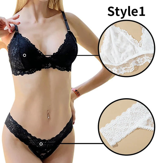 Women Lace Bra Briefs Set Sexy Wire Free Lingerie Hollow Out G-String Underwear Set Female Transparent Seamless Intimate Bra Set