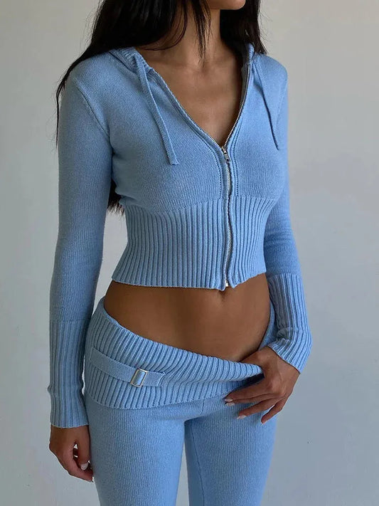 Solid Knitted 2-Piece Tracksuit Set - Hooded Sweater Jacket and Flare Pants